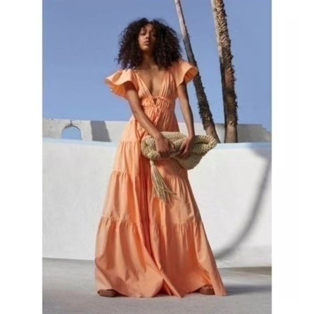 ALC Luca maxi dress nectar orange tiered v-neck flutter sleeves size 0 - Picture 2 of 12